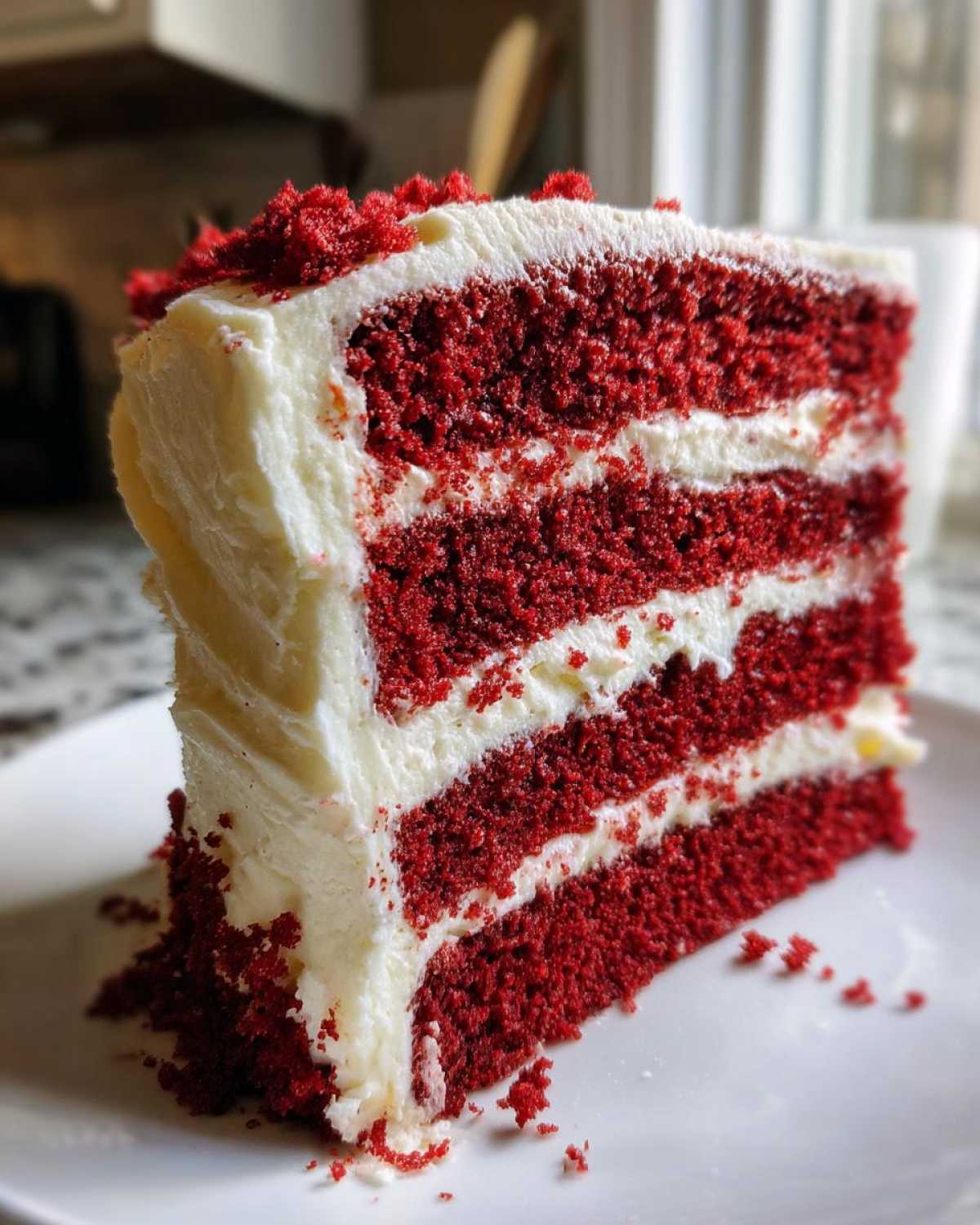 A tall, decadent slice of red velvet cake layered with thick white cream cheese frosting.