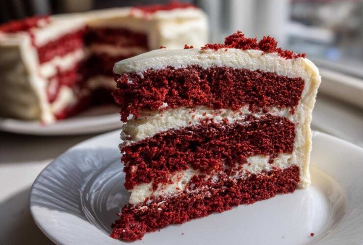 Close-up of a thick slice of red velvet cake showing three layers of deep red cake and white cream cheese frosting.