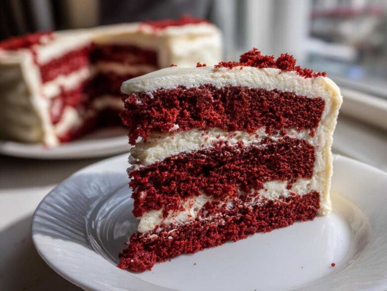 Close-up of a thick slice of red velvet cake showing three layers of deep red cake and white cream cheese frosting.