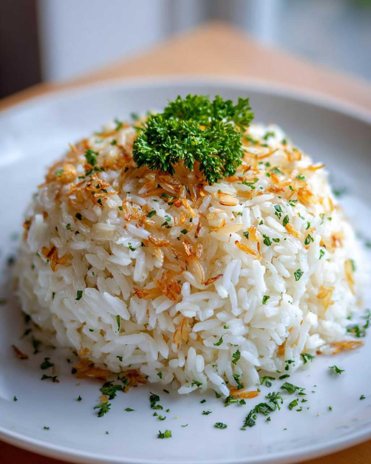 A mound of fluffy white rice pilaf topped with toasted vermicelli and fresh parsley garnish.