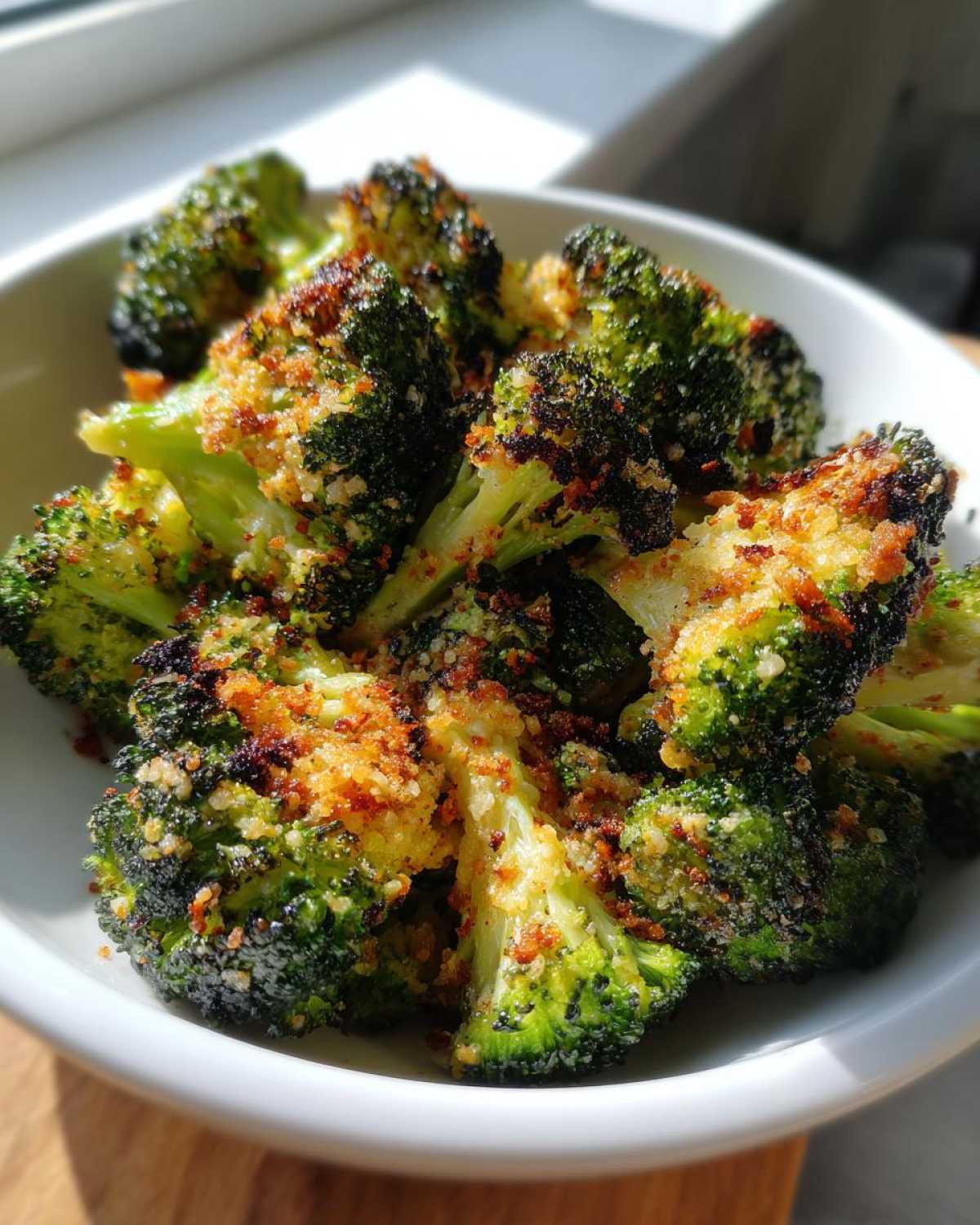 Close-up of vibrant green roasted broccoli florets topped with crispy, browned breadcrumbs in a white bowl.