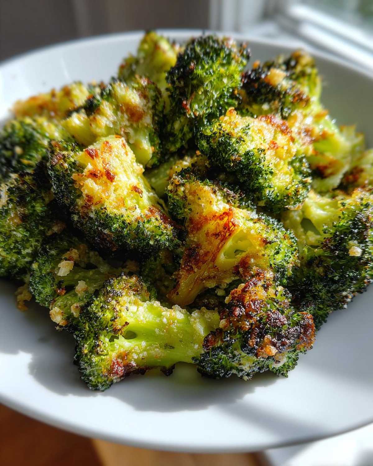 Close-up of perfectly roasted broccoli florets with crispy, browned edges served in a white bowl.