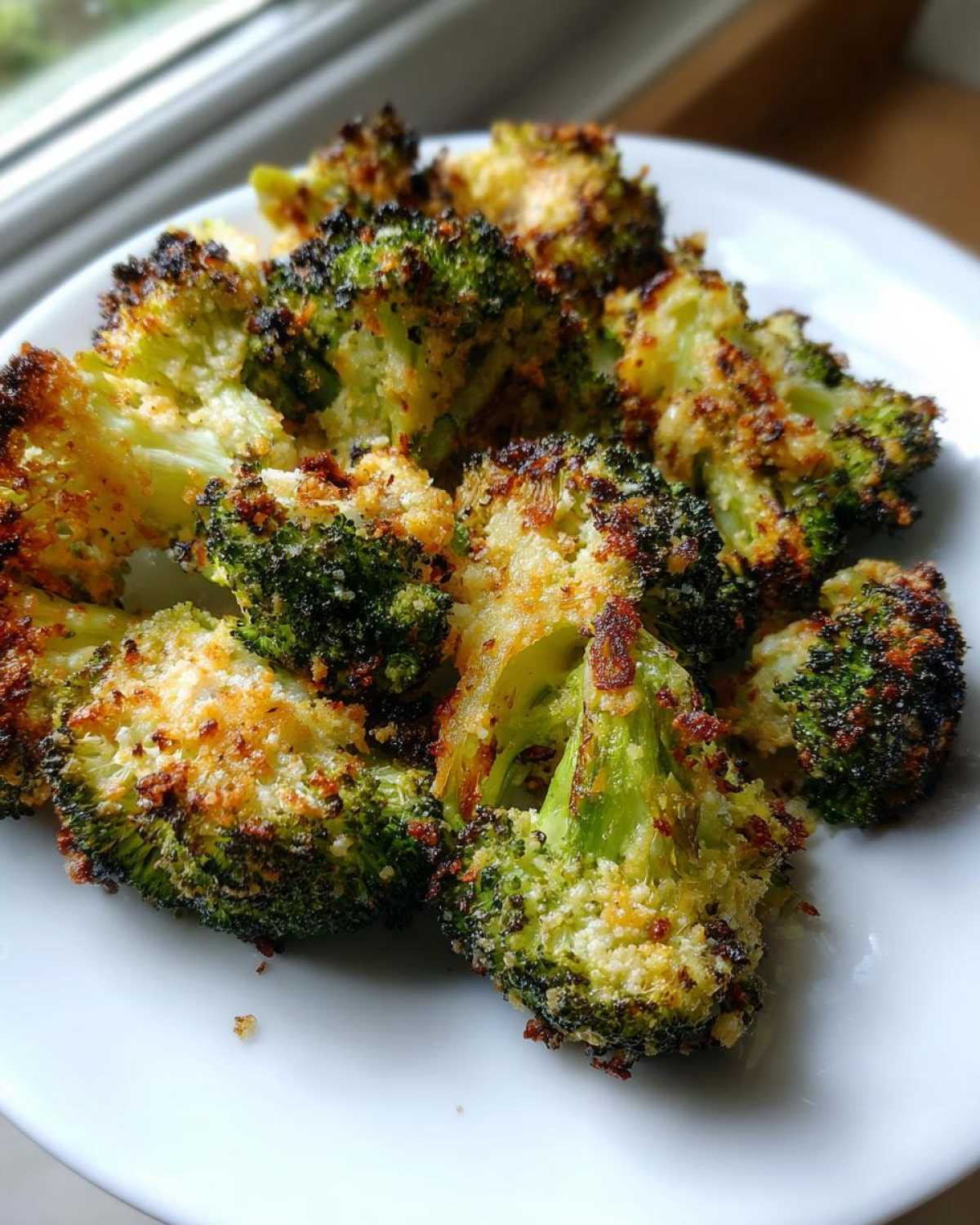 Close-up of crispy, cheesy roasted broccoli florets piled on a white plate.