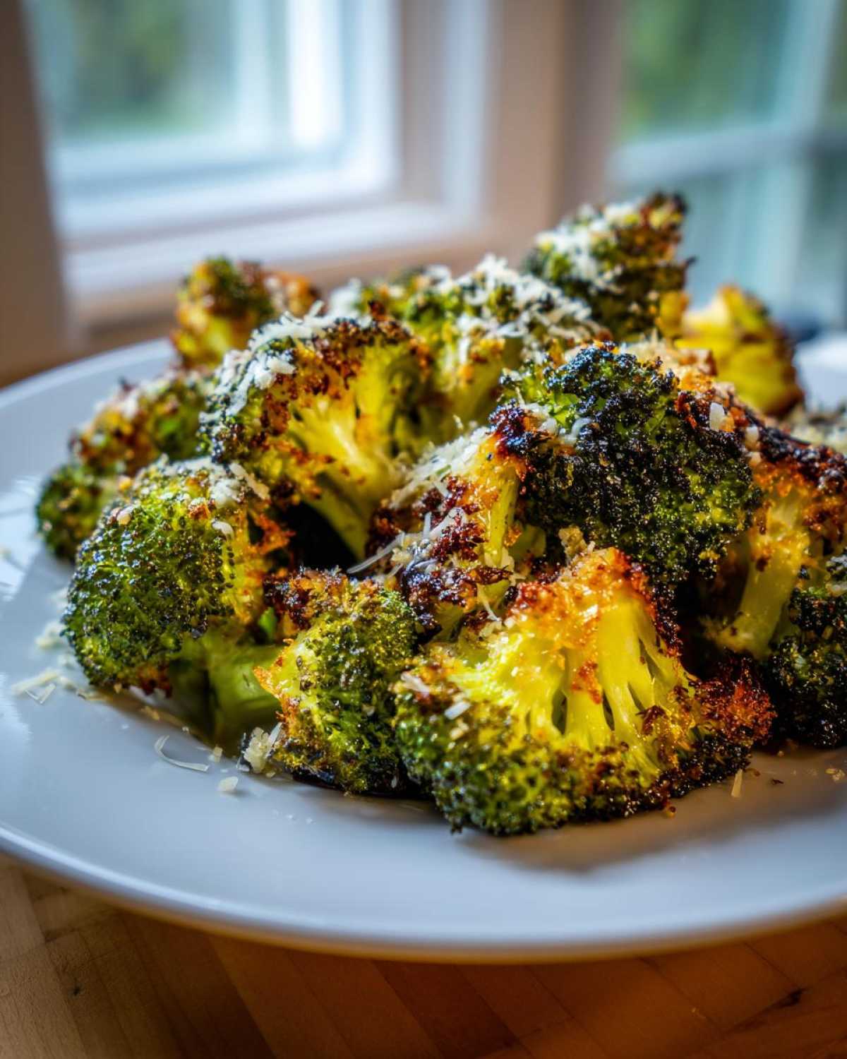 Close-up of crispy, charred roasted broccoli florets topped with grated Parmesan cheese.