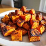 A close-up of perfectly caramelized and slightly charred roasted sweet potato cubes piled on a light plate.