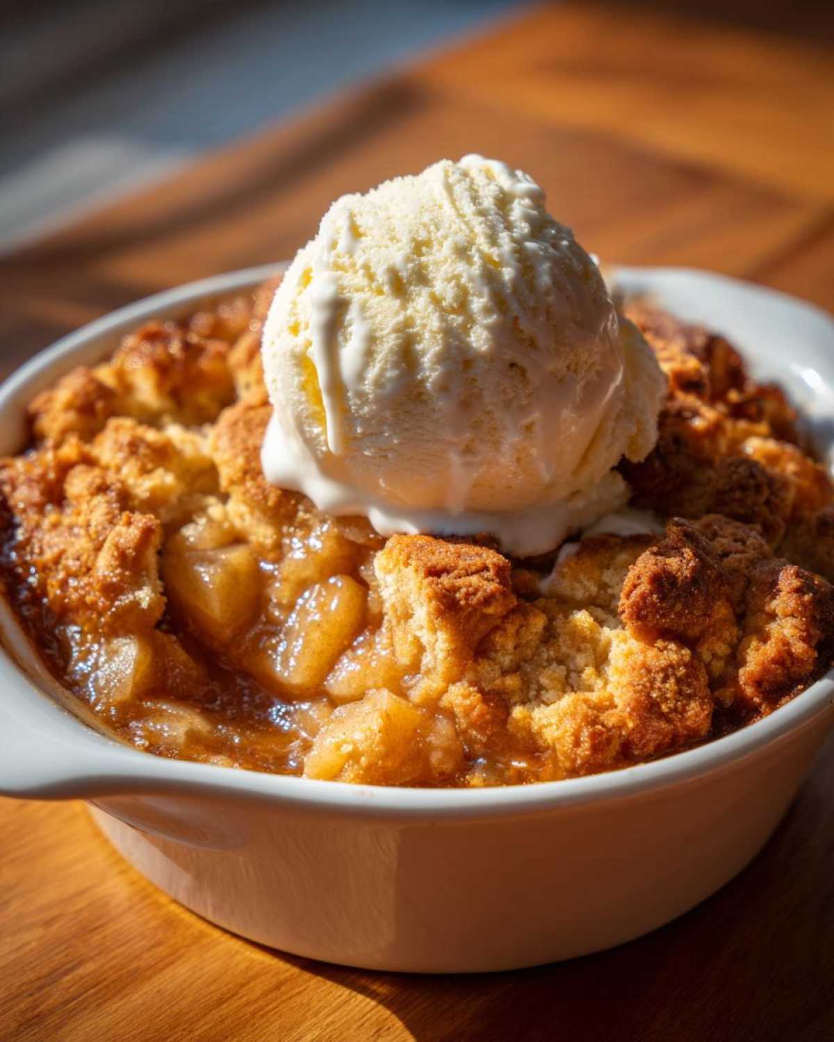 A close-up of a warm apple cobbler recipe served in a white ramekin, topped with a melting scoop of vanilla ice cream.