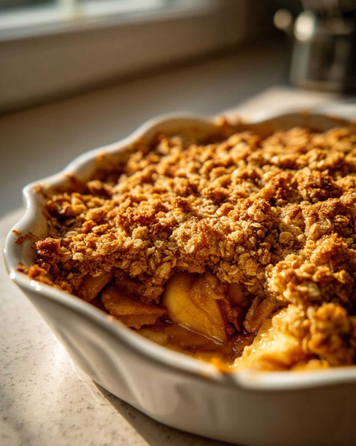 Close-up of a freshly baked apple crisp recipe in a white dish, showing the bubbling fruit filling and crunchy oat topping.