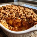 Close-up of a freshly baked apple crisp recipe with a thick, golden-brown oat crumble topping.