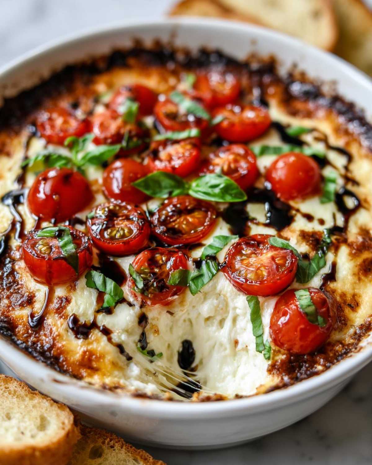 A close-up of hot, baked 3-Cheese bruschetta dip being scooped, topped with roasted cherry tomatoes and fresh basil.