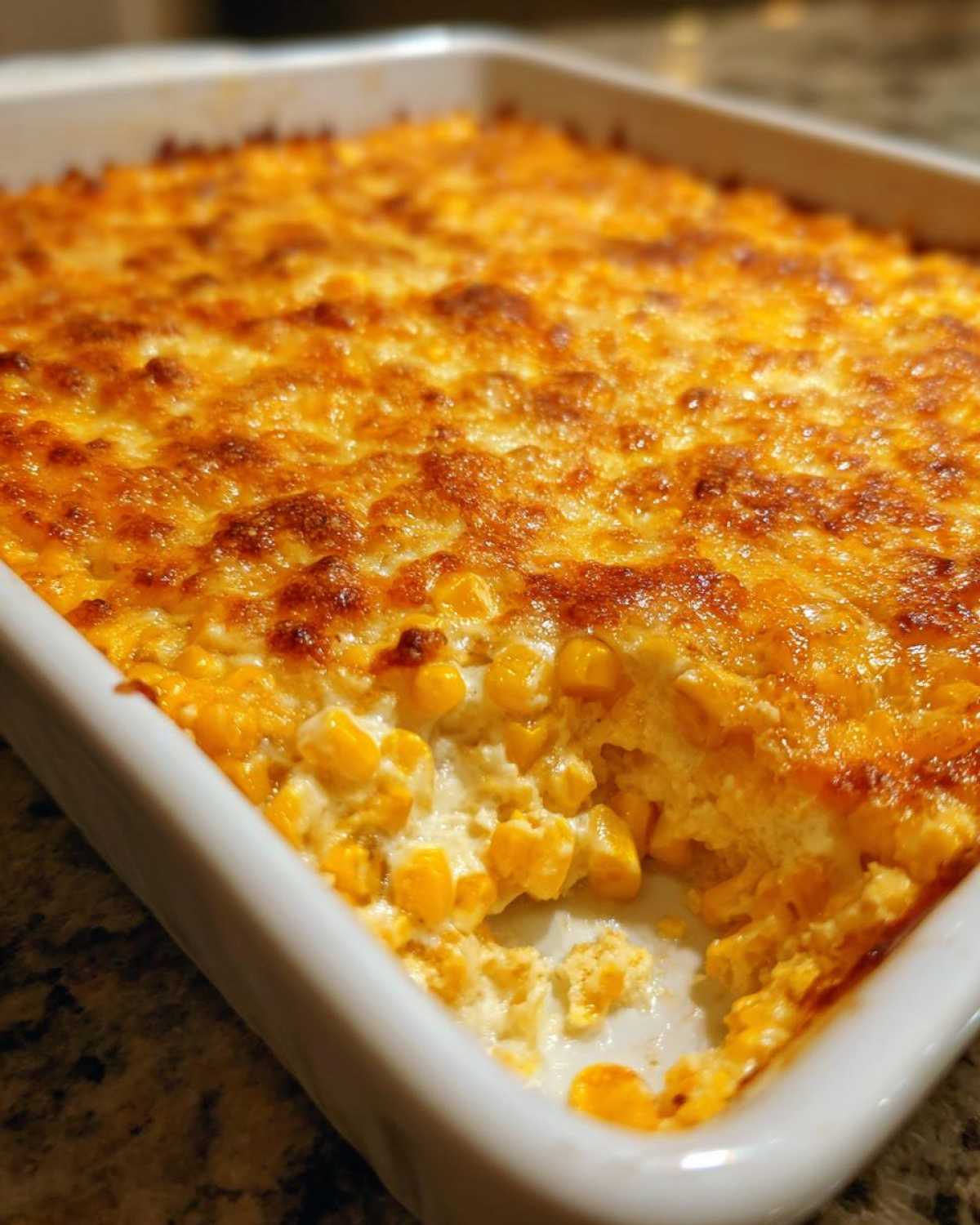 Close-up of baked corn dip with cream cheese, showing a scoop removed from the creamy, cheesy corn mixture.
