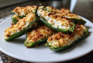 A pile of freshly baked jalapeño poppers stuffed with creamy cheese and topped with golden breadcrumbs.