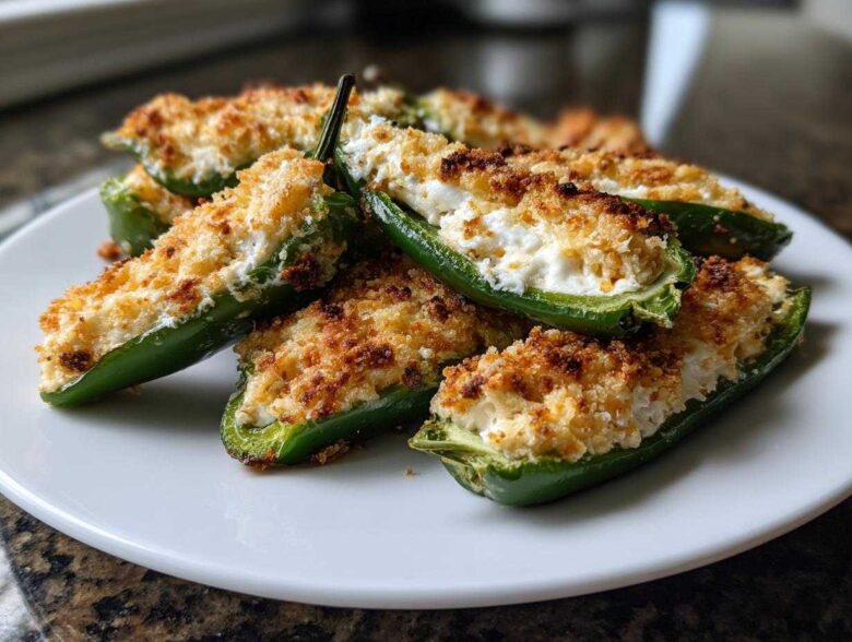 A pile of freshly baked jalapeño poppers stuffed with creamy cheese and topped with golden breadcrumbs.