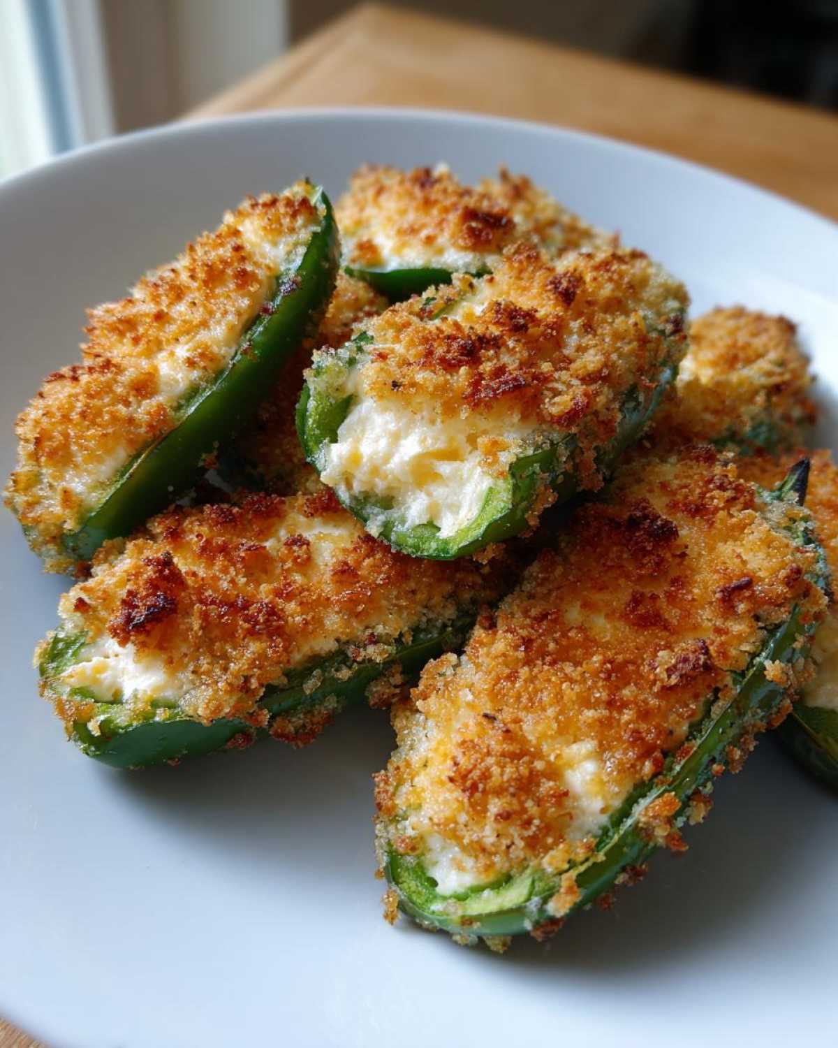 A close-up of several baked jalapeño poppers, stuffed with cheese and topped with golden, crispy breadcrumbs.