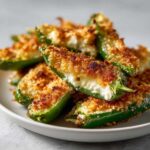 Close-up of baked jalapeño poppers stuffed with cream cheese and topped with golden breadcrumbs.