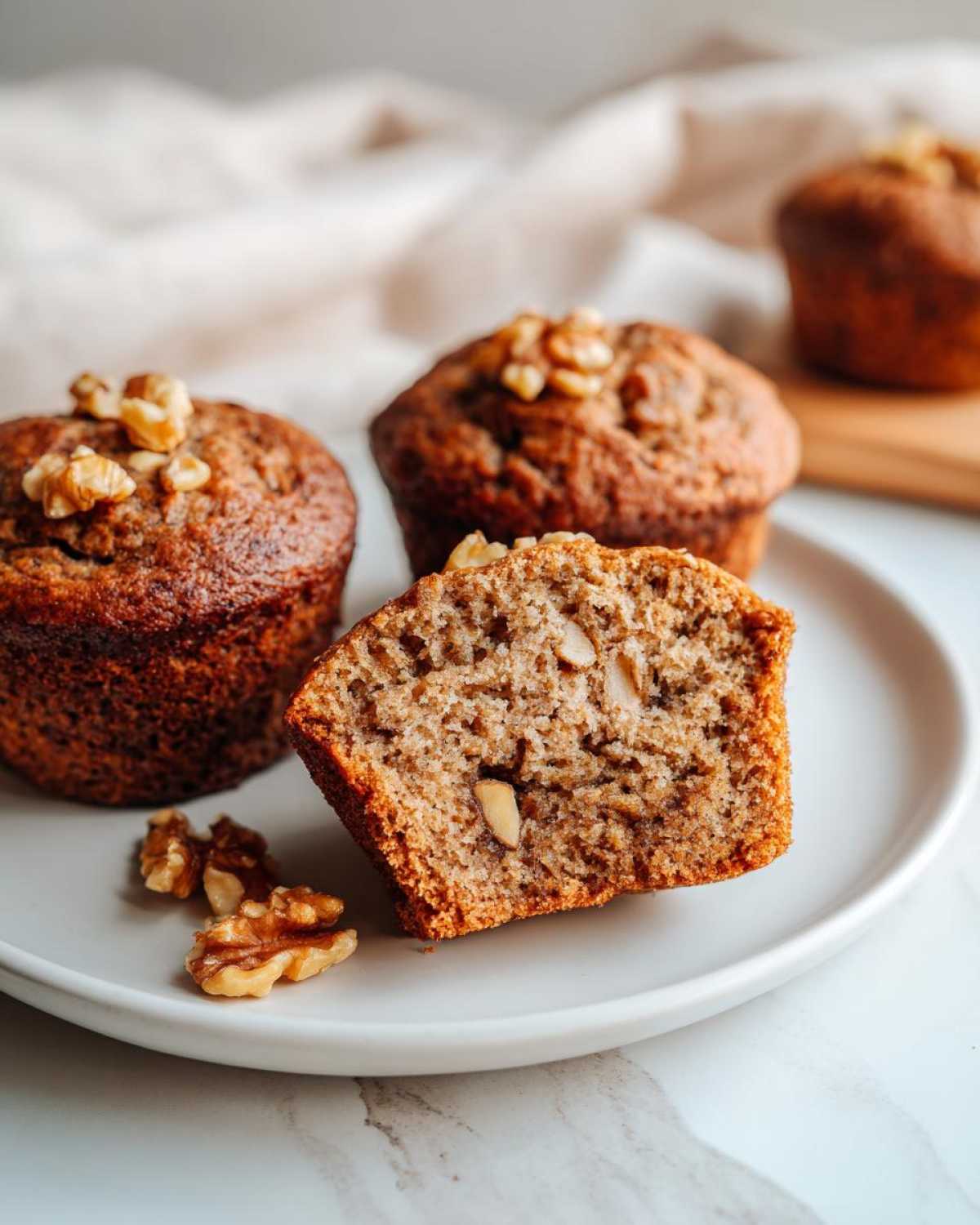 Cross-section view of a banana protein muffin showing moist texture and walnuts inside, served on a white plate.