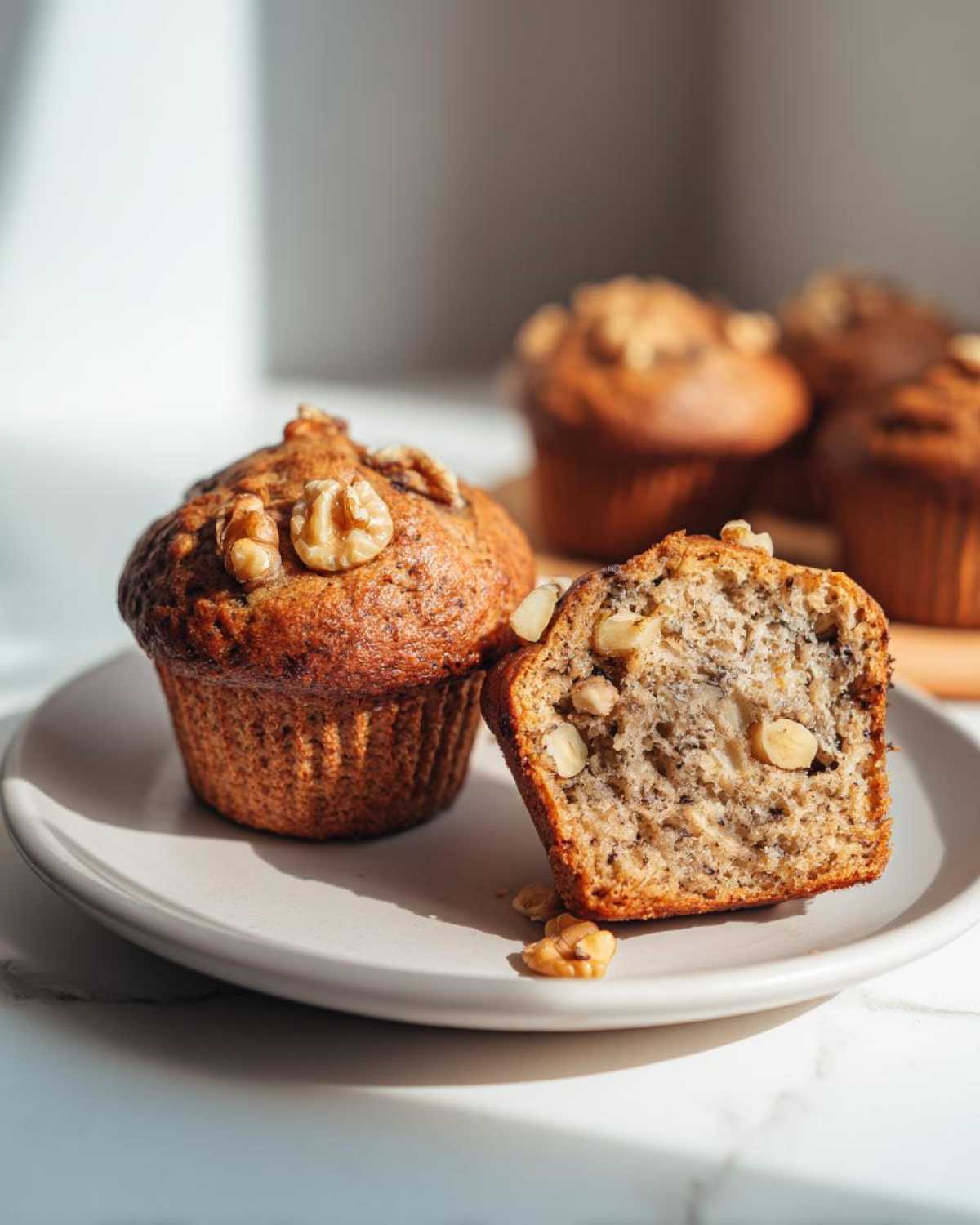 A whole and a halved banana protein muffin topped with walnuts, showing the moist interior texture.