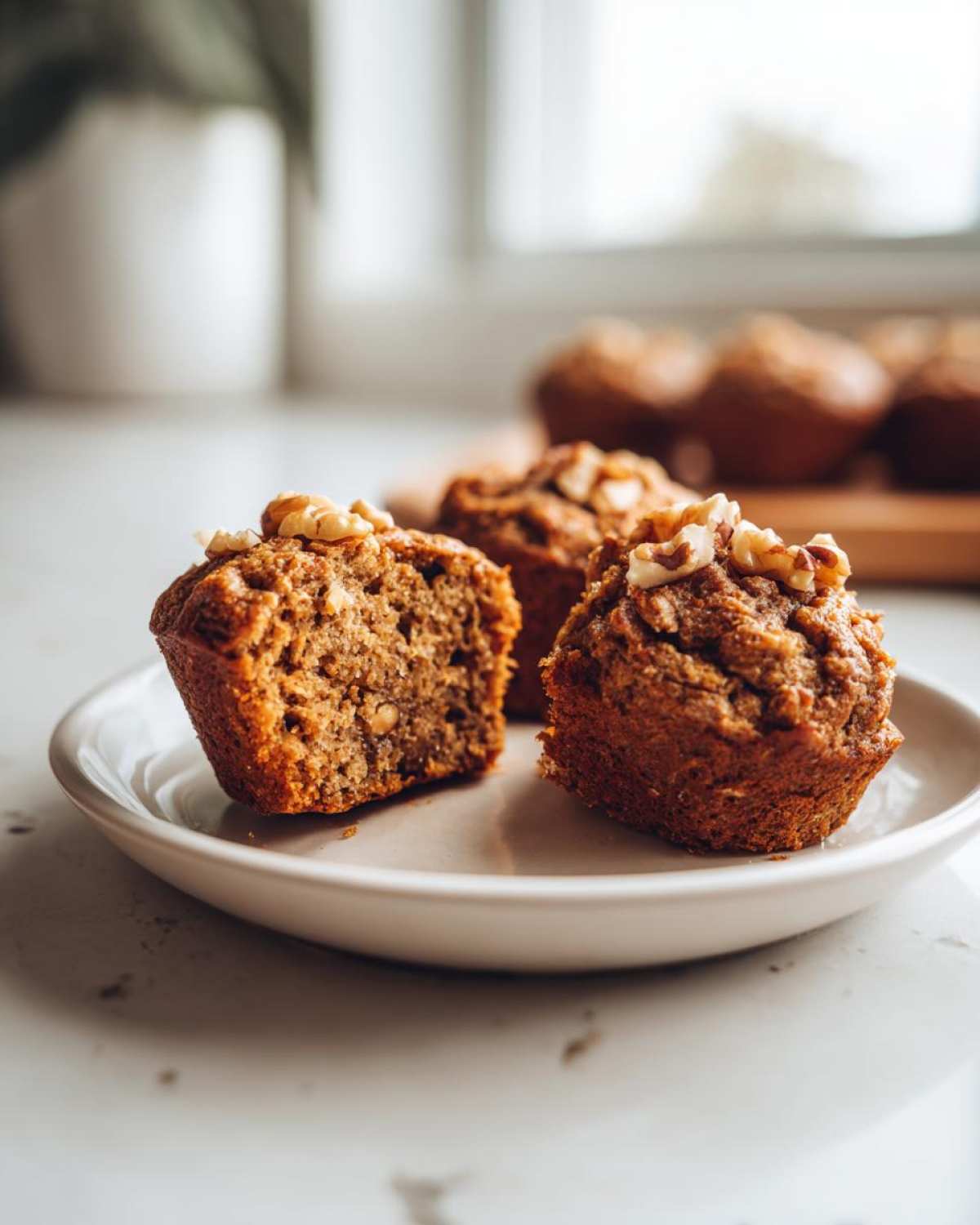 Close-up of two banana protein muffins, one halved to show texture, topped with walnuts.