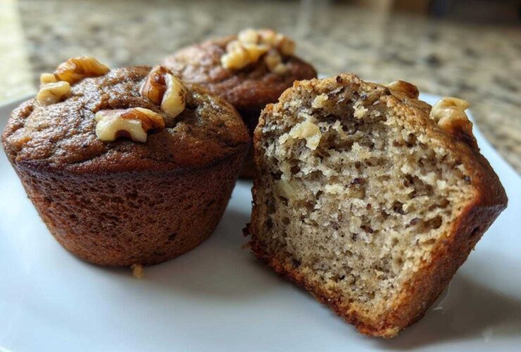Three banana protein muffins on a white plate, one cut in half showing the moist interior and topped with walnuts.