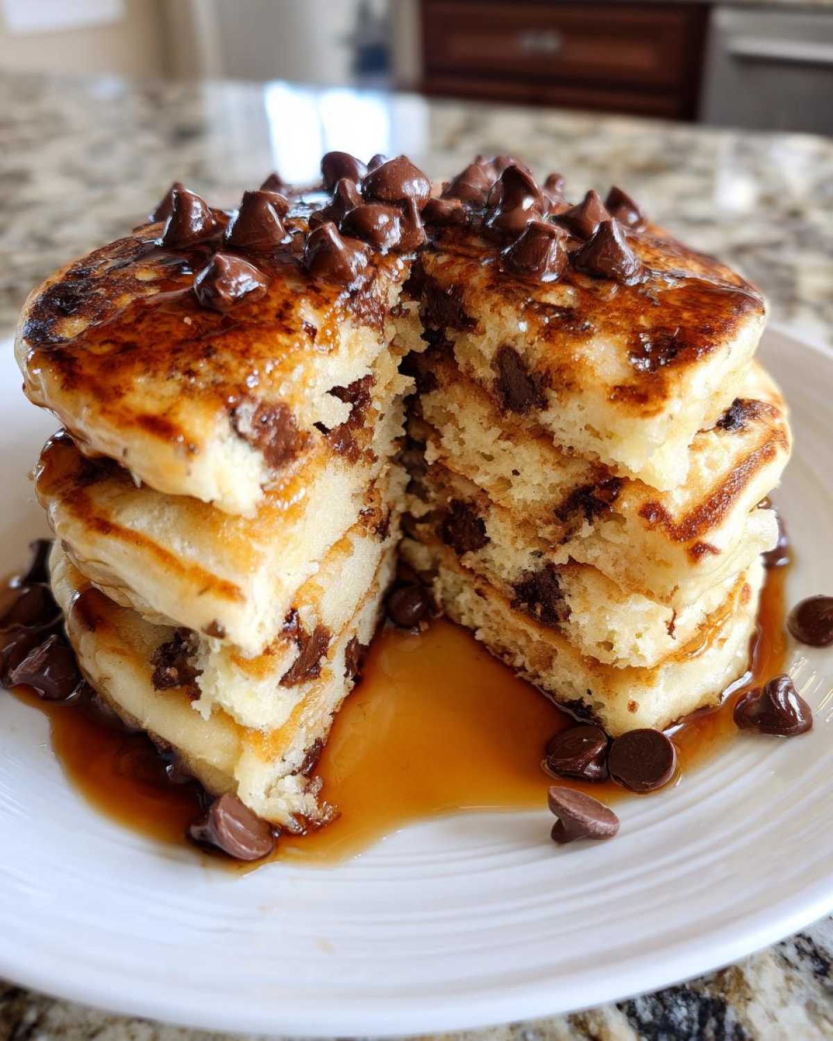A tall stack of fluffy chocolate chip pancakes cut in half, drizzled with syrup and topped with melted chocolate chips.
