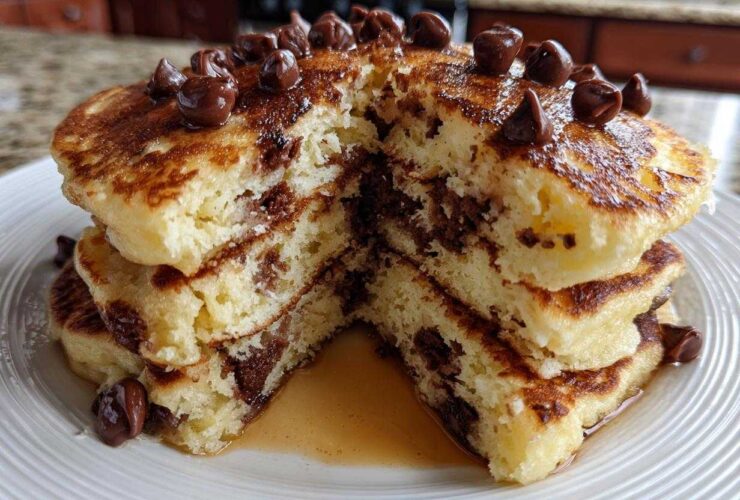A thick stack of fluffy chocolate chip pancakes cut in half, showing melted chocolate inside and topped with chocolate chips.