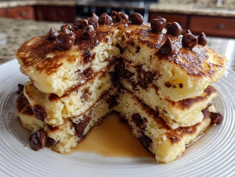 A thick stack of fluffy chocolate chip pancakes cut in half, showing melted chocolate inside and topped with chocolate chips.