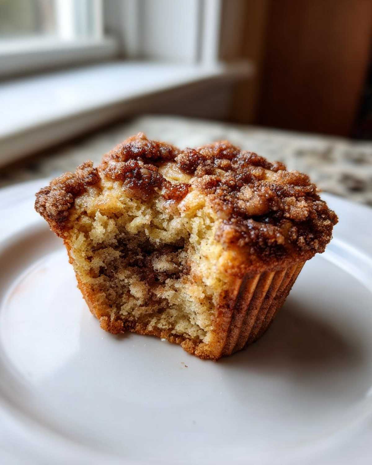 A close-up shot of a delicious oatmeal muffins with a cinnamon streusel topping, showing the soft interior and a bite taken out.