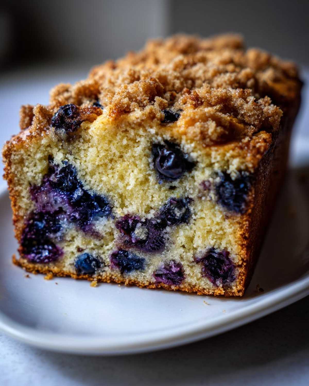 Close-up of a slice of blueberry banana bread featuring moist crumb and a brown sugar streusel topping.