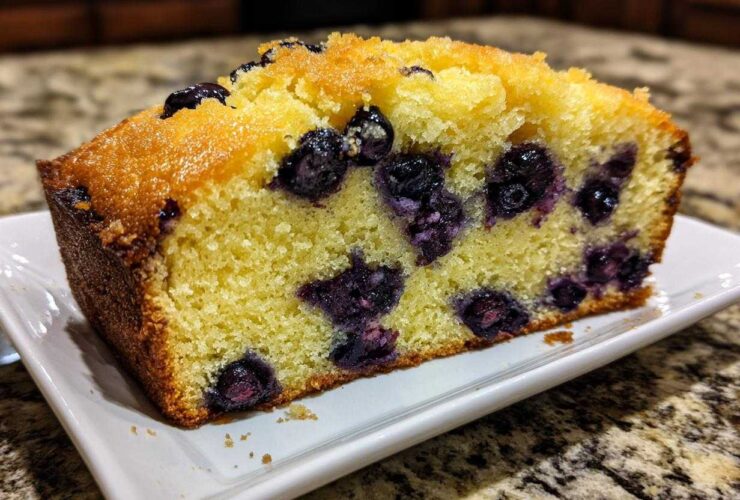 Close-up of a moist slice of blueberry banana bread, showing bright yellow crumb packed with dark blueberries.