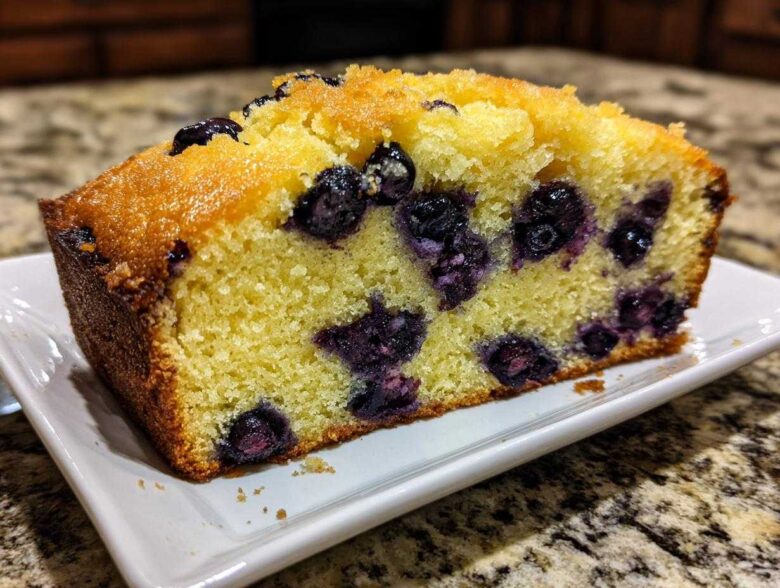 Close-up of a moist slice of blueberry banana bread, showing bright yellow crumb packed with dark blueberries.