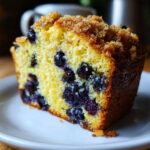 Close-up of a moist slice of blueberry banana bread topped with brown sugar streusel.