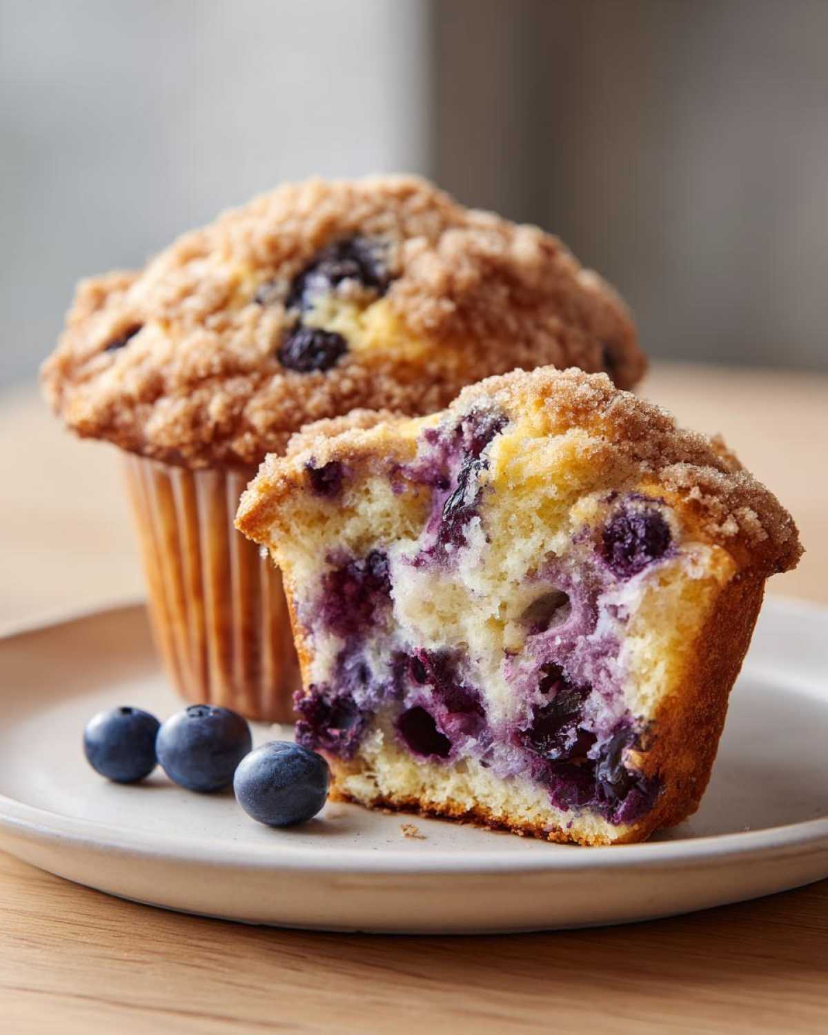 Close-up of a halved blueberry muffin showing moist interior packed with blueberries, next to a whole muffin and fresh blueberries.