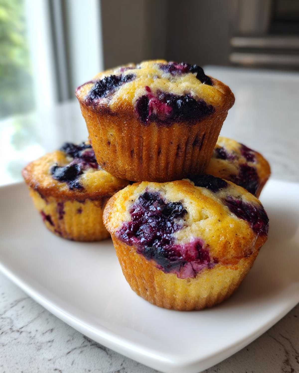 A stack of four golden blueberry protein muffins with dark purple fruit visible on top, served on a white rectangular plate.