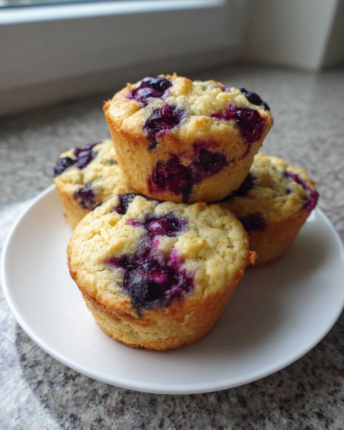 Four golden baked blueberry protein muffins stacked slightly on a white plate against a granite countertop.