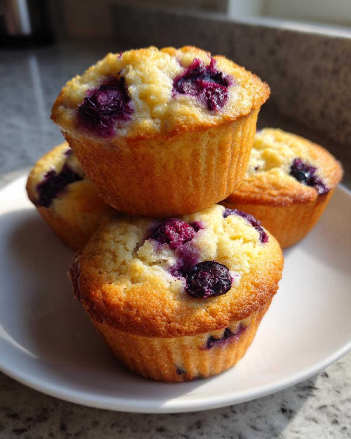 A stack of three golden-brown blueberry protein muffins with visible purple berries on a white plate.