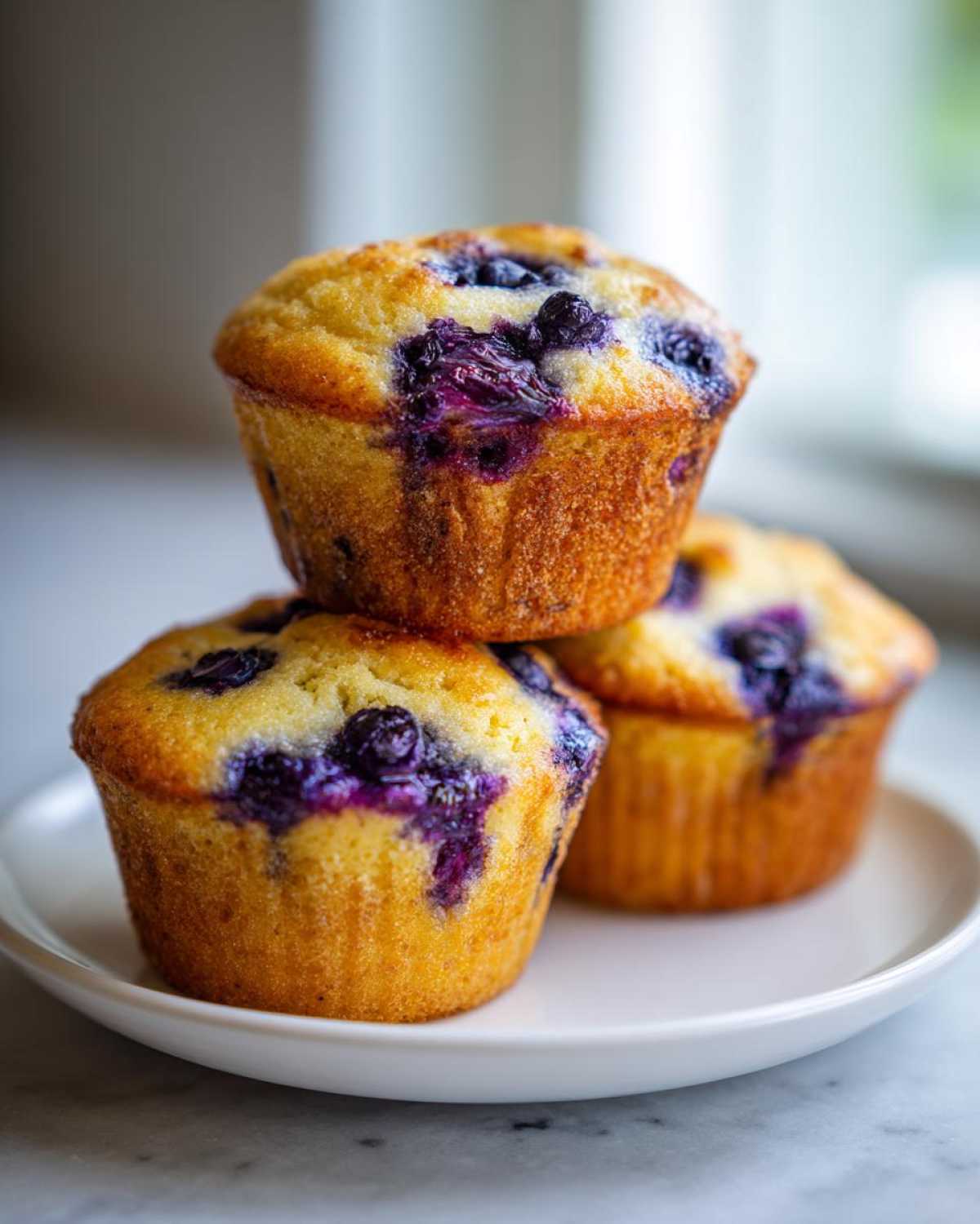 Three golden-brown blueberry protein muffins stacked on a small white plate, showing juicy burst blueberries.