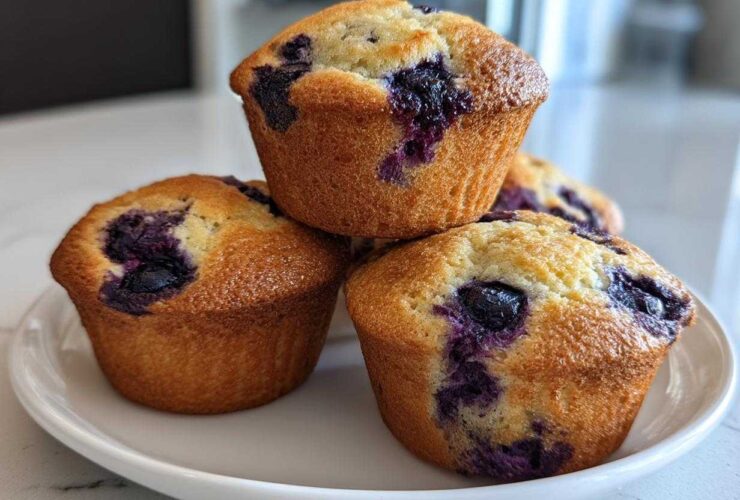 A stack of three golden-brown blueberry protein muffins sitting on a white plate.