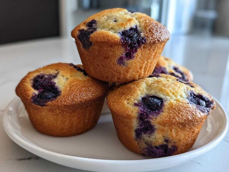 A stack of three golden-brown blueberry protein muffins sitting on a white plate.