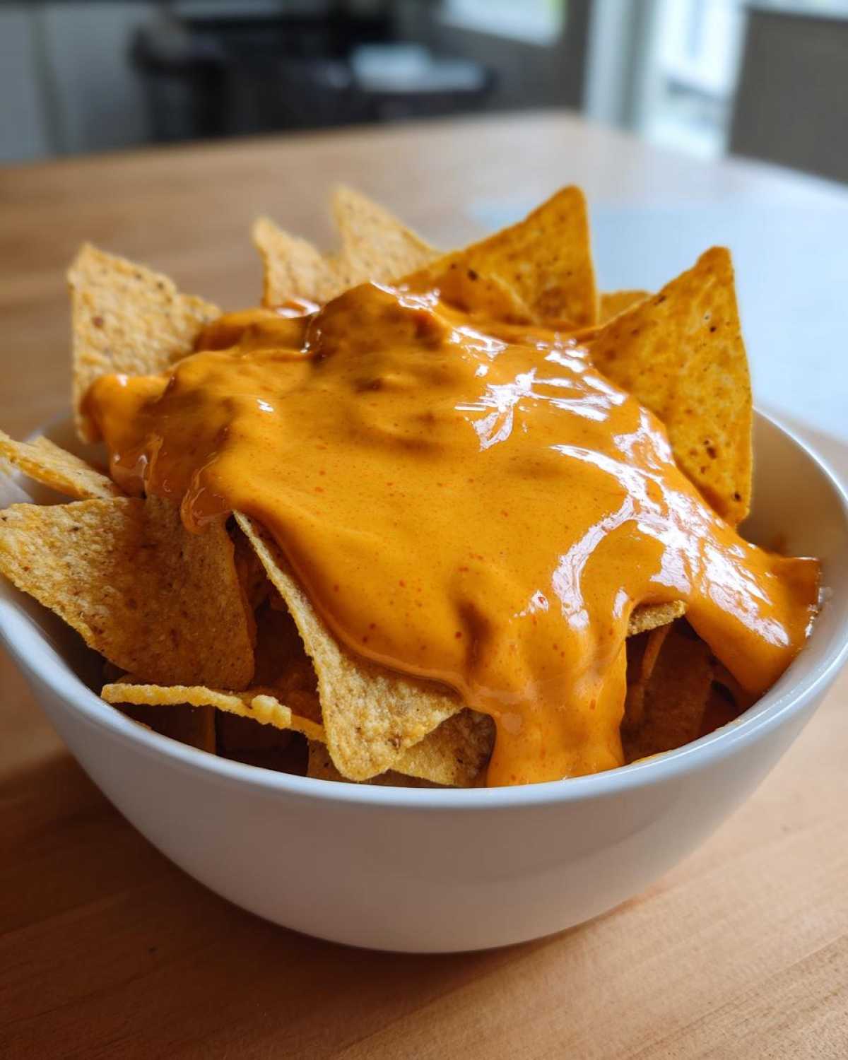 A white bowl filled with tortilla chips generously topped with thick, bright orange nacho cheese sauce.