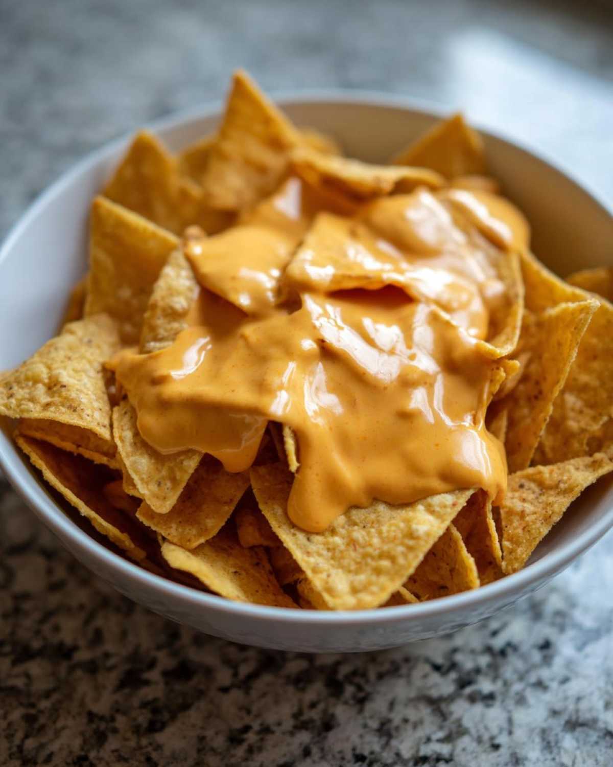 Close-up of tortilla chips generously topped with creamy, orange nacho cheese sauce in a white bowl.