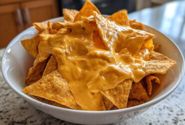 A close-up of tortilla chips generously smothered in creamy, bright orange nacho cheese sauce in a white bowl.