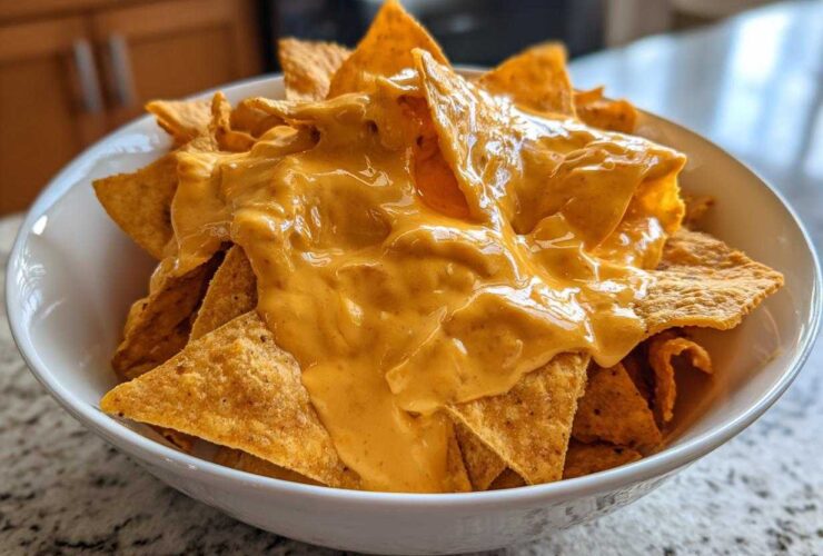 A close-up of tortilla chips generously smothered in creamy, bright orange nacho cheese sauce in a white bowl.