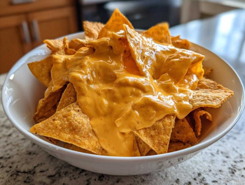 A close-up of tortilla chips generously smothered in creamy, bright orange nacho cheese sauce in a white bowl.