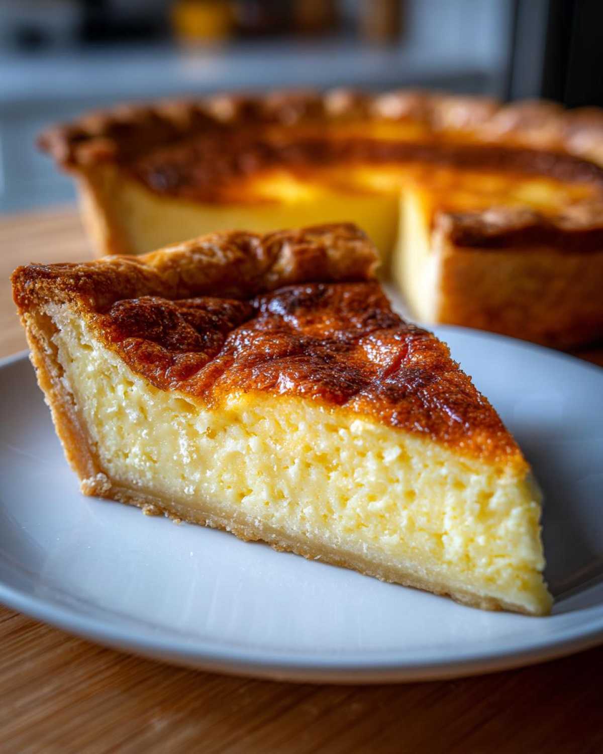 A close-up of a thick slice of buttermilk pie with a rich, caramelized top, sitting on a white plate.