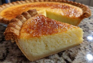 A close-up of a slice of creamy buttermilk pie showing the golden caramelized top and flaky crust.
