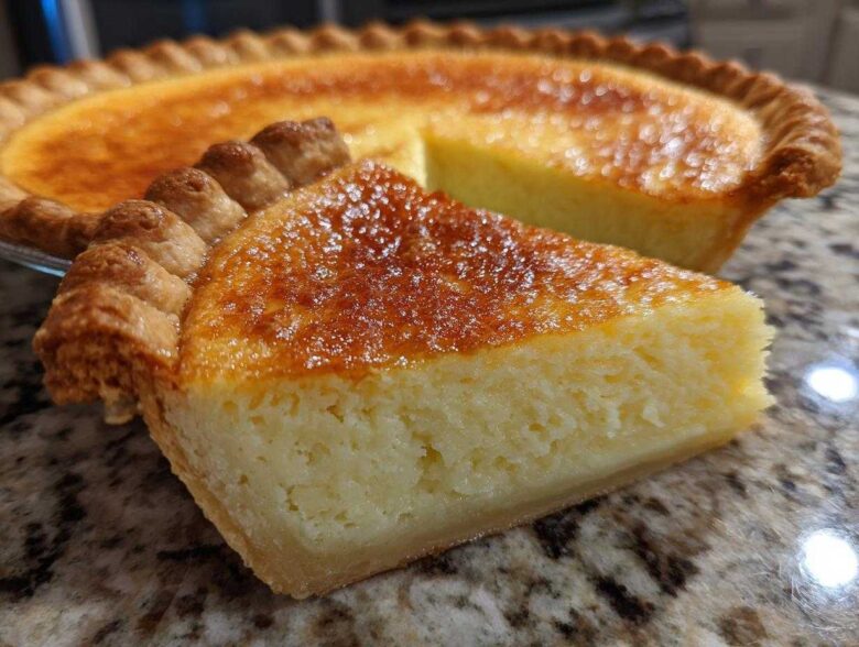 A close-up of a slice of creamy buttermilk pie showing the golden caramelized top and flaky crust.