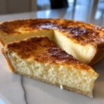 A close-up of a slice of creamy buttermilk pie next to the rest of the pie, showing a golden-brown, slightly caramelized top.