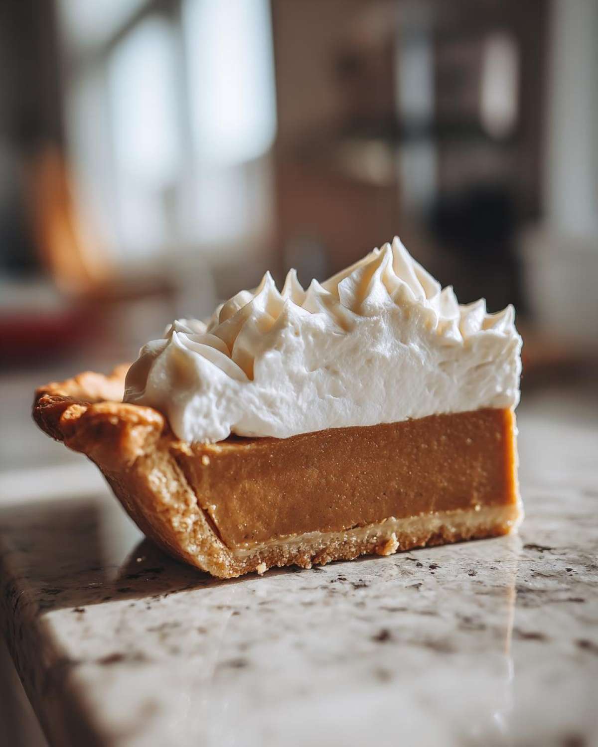 A close-up slice of rich butterscotch pie topped with piped whipped cream sitting on a granite counter.