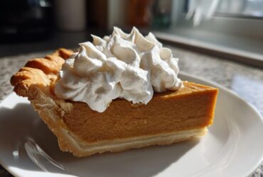 A close-up of a rich slice of butterscotch pie topped high with fluffy whipped cream, sitting on a white plate.