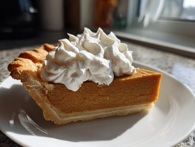 A close-up of a rich slice of butterscotch pie topped high with fluffy whipped cream, sitting on a white plate.