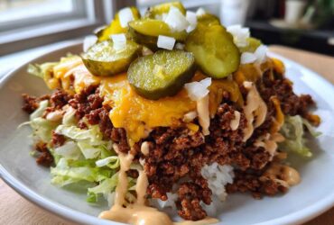 A close-up of a delicious cheeseburger bowl featuring seasoned ground beef, melted cheese, lettuce, rice, and topped with pickles.